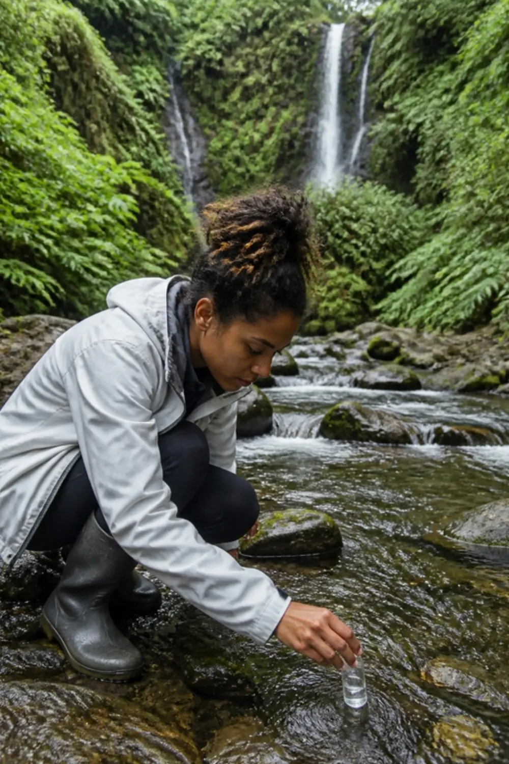 Une étudiante prélève de l’eau dans une ravine