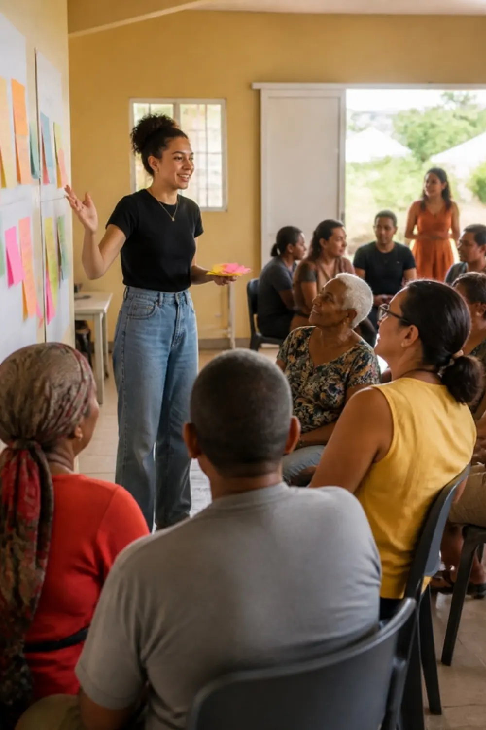 Une étudiante anime un atelier participatif avec des habitants