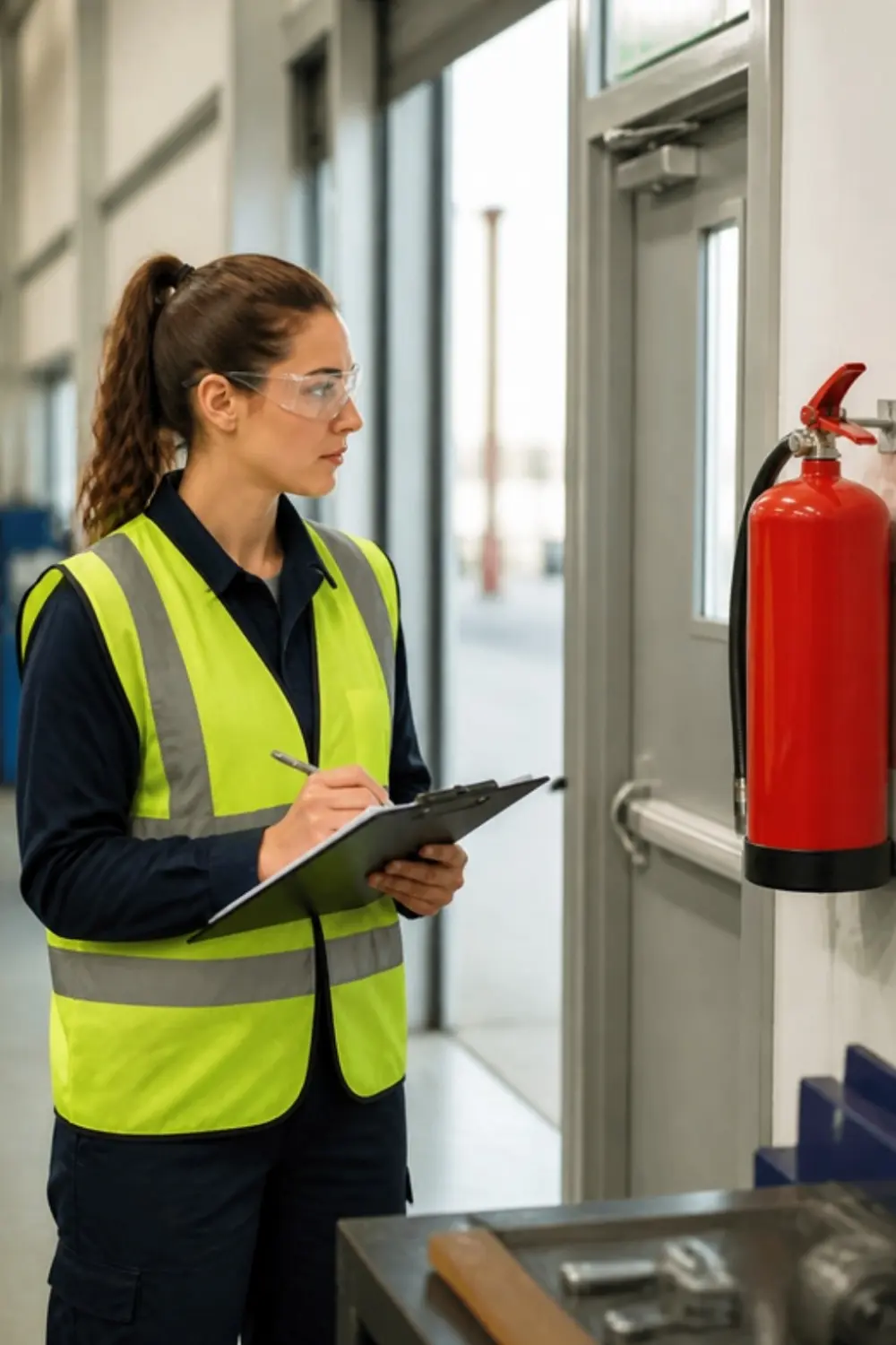 Une étudiante vérifie un extincteur, liste de contrôle en main